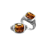 Sterling silver handcrafted Citrine Quartz and Cubic Zirconia cushion-cut statement ring from Bali